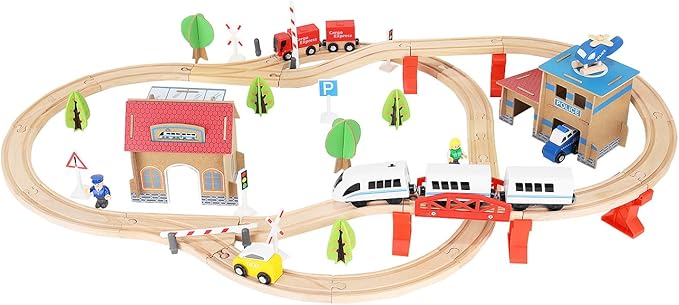Wooden Train Set for Kids –  City Railway Toy with Track, Station, Vehicles, Trees, Figures & Buildings – Compatible with Major Brands – Educational & Imaginative Play Set