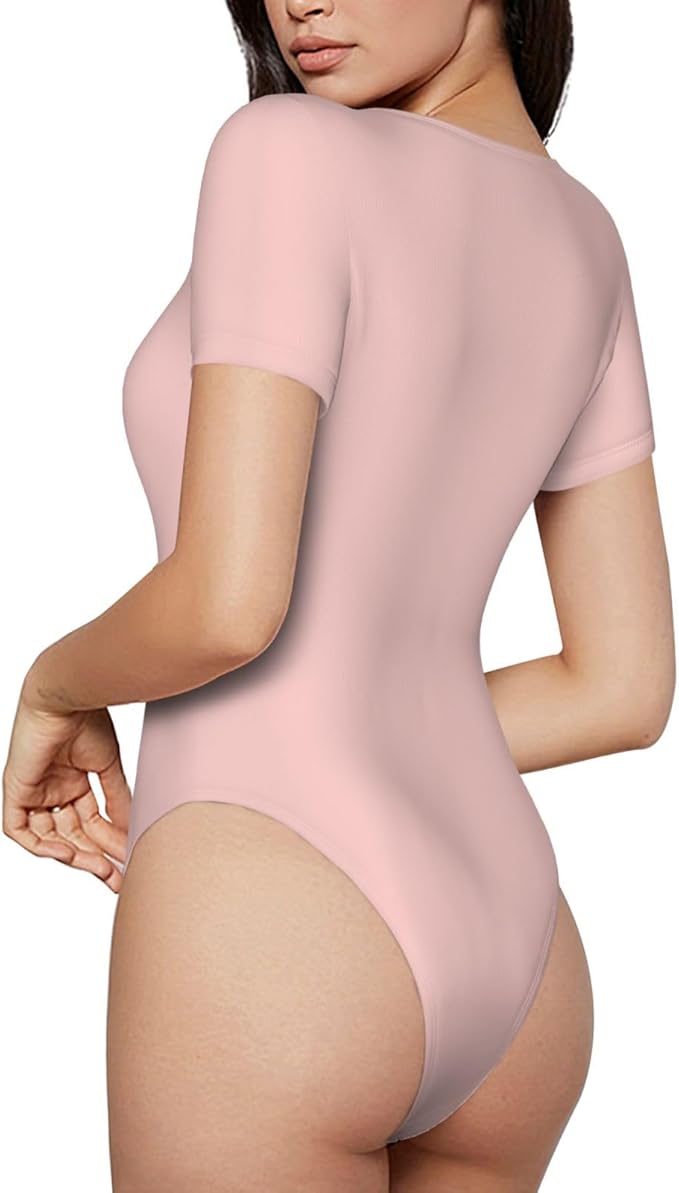 Curvear®️Thong Shapewear Bodysuit Women's Round Neck Short Sleeve T Shirts Basic Bodysuits Tummy Control Seamless Shapewear