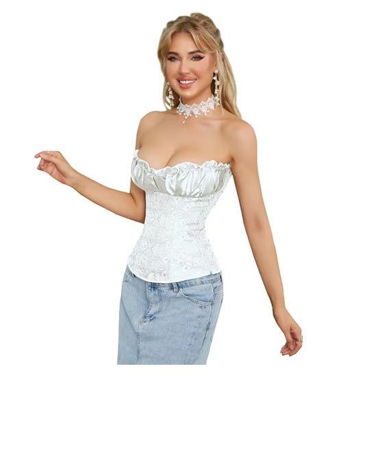Satin Lace Corset Top for Women – Strapless Bustier Blouse with Ruffle Detail | Elegant Party & Evening Wear