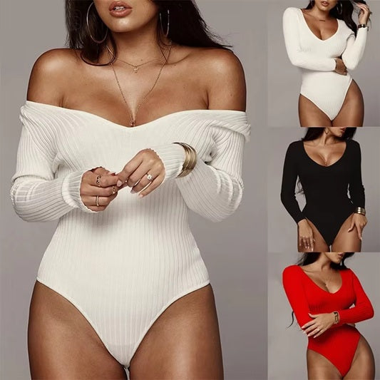 Women's Red Ribbed Long Sleeve Bodysuit – Sexy Stretch Knit V-Neck One-Piece, Slim Fit, Soft & Comfortable Fabric – Ideal for Club, Casual, Party, or Layering Outfits