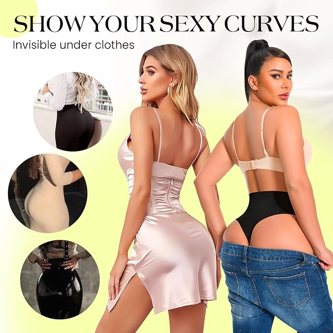 Curvear®️Women High Waist Thong Shaper Tummy Control Slimming Shapewear Butt Lifter Thong Stripe Lace T-Back Seamless Panties