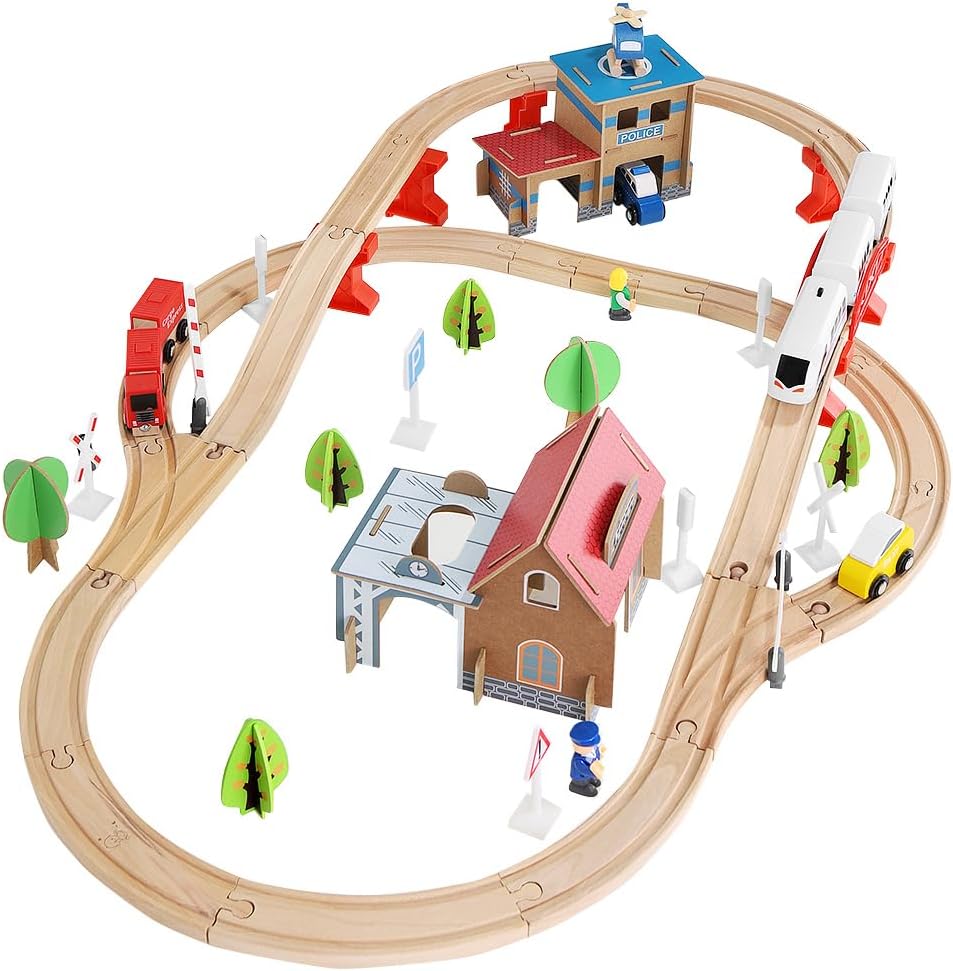 Wooden Train Set for Kids –  City Railway Toy with Track, Station, Vehicles, Trees, Figures & Buildings – Compatible with Major Brands – Educational & Imaginative Play Set