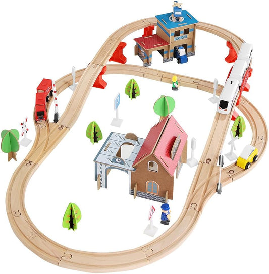 Wooden Train Set for Kids –  City Railway Toy with Track, Station, Vehicles, Trees, Figures & Buildings – Compatible with Major Brands – Educational & Imaginative Play Set