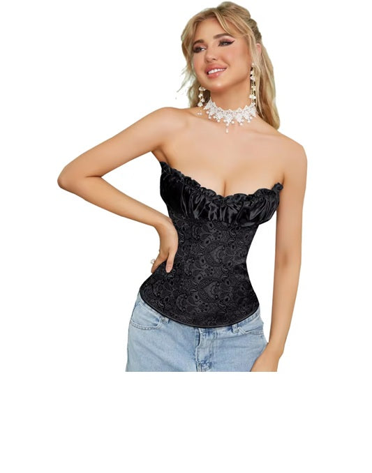 Satin Lace Corset Top for Women – Strapless Bustier Blouse with Ruffle Detail | Elegant Party & Evening Wear