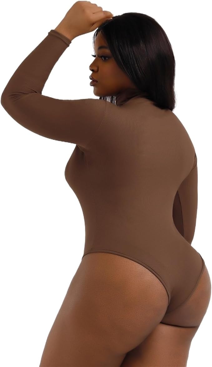 Curvear®️Women Full Sculpting Thong Tummy Control Shapewear Seamless Turtleneck One Piece Long Sleeve Bodysuit