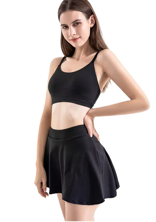 Women’s 2-Piece Black Sports Bra and Skirt Set – Soft Support, Breathable Fabric, Wire-Free, Adjustable Straps – Stylish Activewear for Gym, Yoga, Tennis, and Daily Comfort