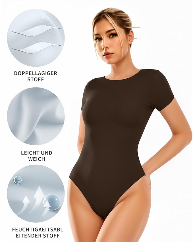 Curvear®️Thong Shapewear Bodysuit Women's Round Neck Short Sleeve T Shirts Basic Bodysuits Tummy Control Seamless Shapewear
