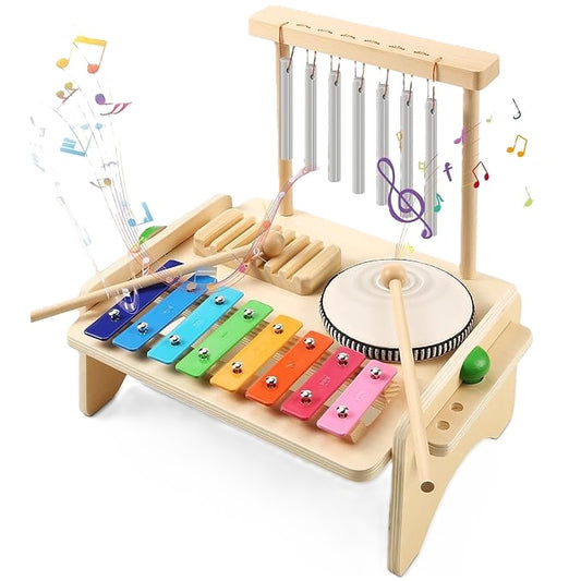 Wooden Musical Instrument Set for Toddlers – Kids Drum Set with Xylophone, Cymbal, Bell & Sticks – Montessori Music Toy for Boys & Girls – Safe & Educational