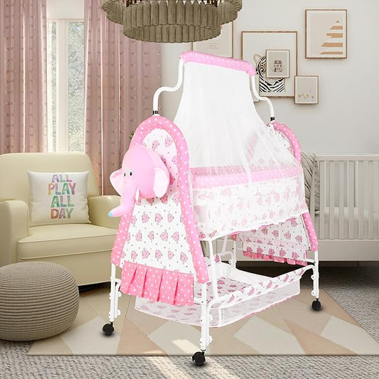 Portable Baby Cradle with Mosquito Net, Storage Basket & Wheels – Soft Cotton Fabric, Foldable Infant Sleeping Bed for Newborns, Breathable & Lightweight Baby Bassinet – Pink Elephant Design