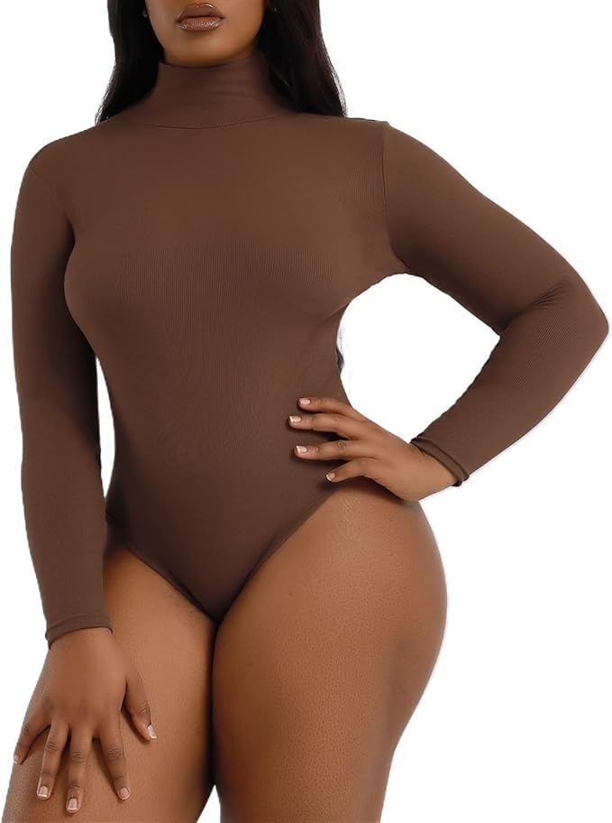 Curvear®️Women Full Sculpting Thong Tummy Control Shapewear Seamless Turtleneck One Piece Long Sleeve Bodysuit