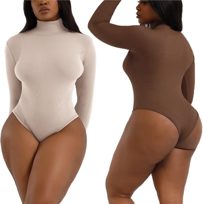 Curvear®️Women Full Sculpting Thong Tummy Control Shapewear Seamless Turtleneck One Piece Long Sleeve Bodysuit