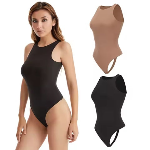 Curvear®️Women's Tummy Control Shapewear Bodysuit High Neck Seamless Body Shaper Sleeveless Racerback T-Back Thong Shaper Snap Open Crotch