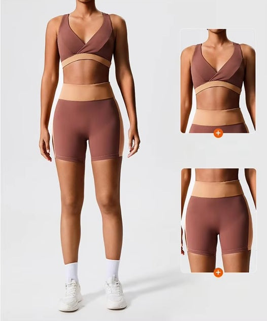 Women's Colorblock Sports Bra & High-Waist Biker Shorts Set – Crossback Activewear for Gym, Yoga, Running & Fitness