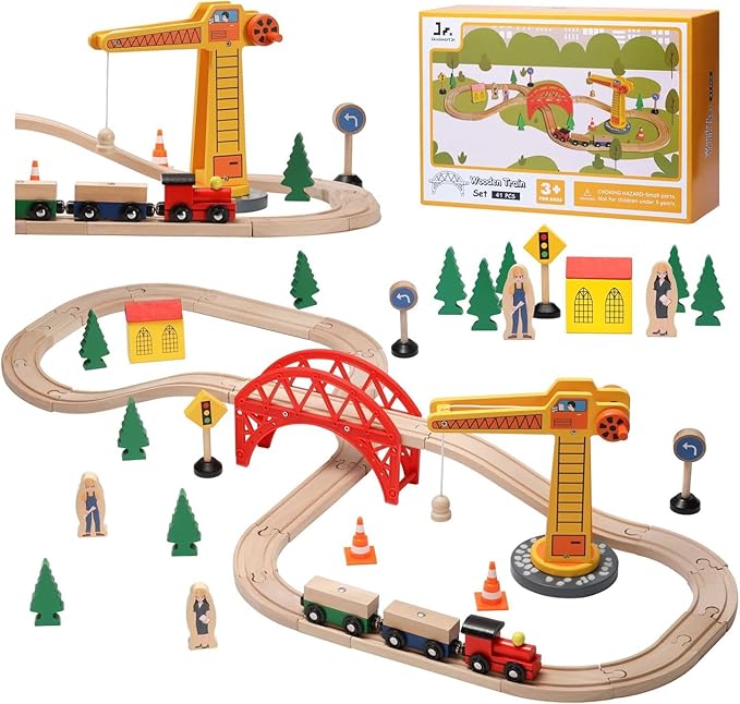 Wooden Train Set for Kids –  City Railway Toy with Track, Station, Vehicles, Trees, Figures & Buildings – Compatible with Major Brands – Educational & Imaginative Play Set
