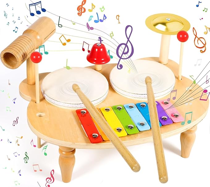 Wooden Musical Instrument Set for Toddlers – Kids Drum Set with Xylophone, Cymbal, Bell & Sticks – Montessori Music Toy for Boys & Girls – Safe & Educational