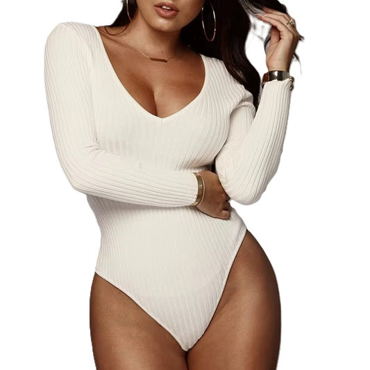 Women's Red Ribbed Long Sleeve Bodysuit – Sexy Stretch Knit V-Neck One-Piece, Slim Fit, Soft & Comfortable Fabric – Ideal for Club, Casual, Party, or Layering Outfits