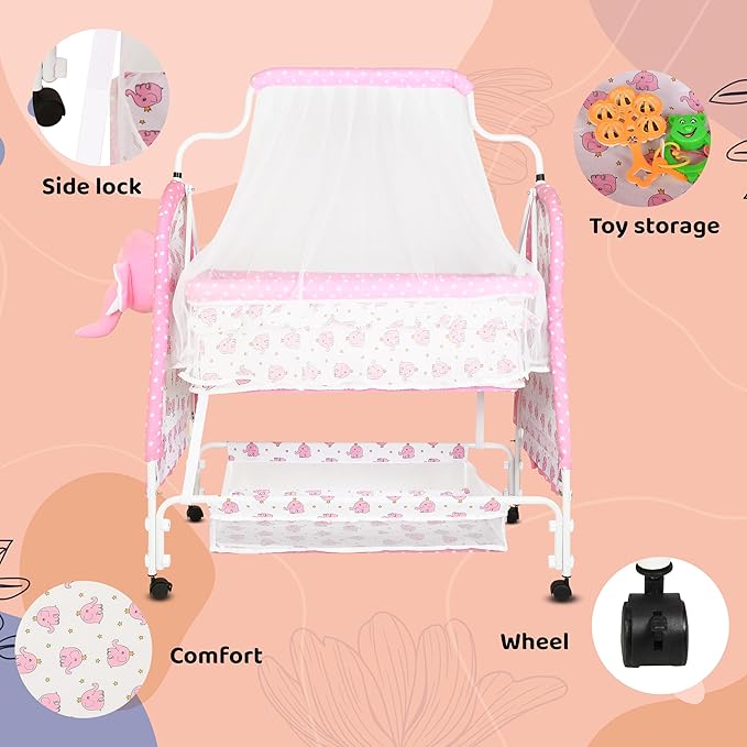 Portable Baby Cradle with Mosquito Net, Storage Basket & Wheels – Soft Cotton Fabric, Foldable Infant Sleeping Bed for Newborns, Breathable & Lightweight Baby Bassinet – Pink Elephant Design