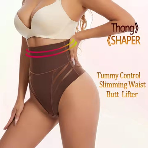 Curvear®️Women High Waist Thong Shaper Tummy Control Slimming Shapewear Butt Lifter Thong Stripe Lace T-Back Seamless Panties