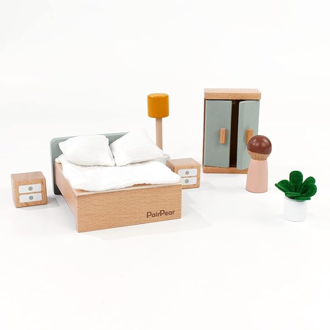 Wooden Dollhouse Furniture Miniature Toy Furniture with Family Dolls for Kids, Pretend Play Room Décor for Bedroom, Kitchen, Bathroom & Living Room