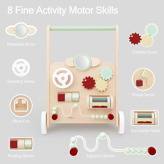 Wooden Baby Walker with Activity Center – Montessori Push Toy for Toddlers with Shape Sorter, Gears, Mirror & Bead Maze – Early Learning Toy for 12+ Months