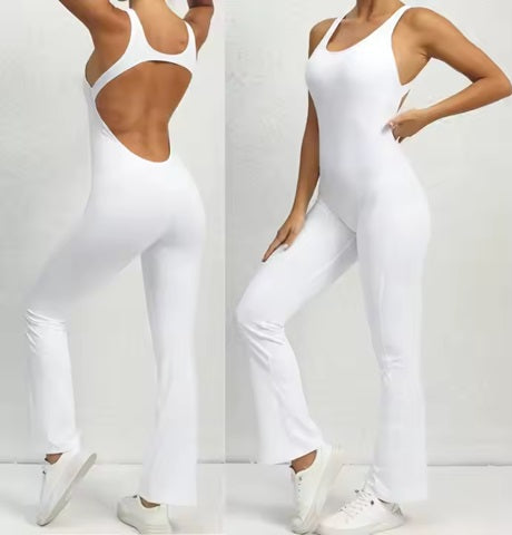 Curvear®️Lift the Buttocks Bodysuit Flare Pant Open Back Beauty Dress U Neck Built in Bra Sleeveless Gym Training Set Sport Yoga Jumpsuit