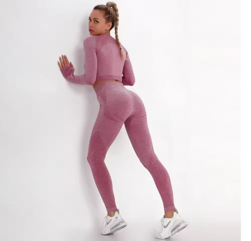 Curvear ®️Women Seamless Gym Set Long Sleeve Crop Top High Waist Tummy Control Sports Leggings Seamless Gym Clothing Sexy Girls Sports Suit