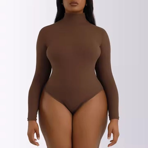 Curvear®️Women Full Sculpting Thong Tummy Control Shapewear Seamless Turtleneck One Piece Long Sleeve Bodysuit