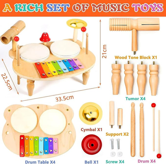 Wooden Musical Instrument Set for Toddlers – Kids Drum Set with Xylophone, Cymbal, Bell & Sticks – Montessori Music Toy for Boys & Girls – Safe & Educational