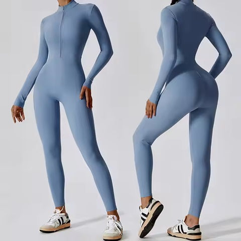 Curvear®️Women Workout Yoga Jumpsuit Zip Up Romper Bottom Pants Long Sleeve Bodysuit Bodycon One Piece Jumpsuits