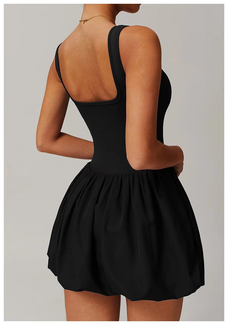 Women's Black One-Piece Activewear Dress with Built-in Shorts – Lightweight, Stretchable, Quick-Dry Tennis & Workout Dress with Pocket – Sleeveless Gym & Yoga Outfit