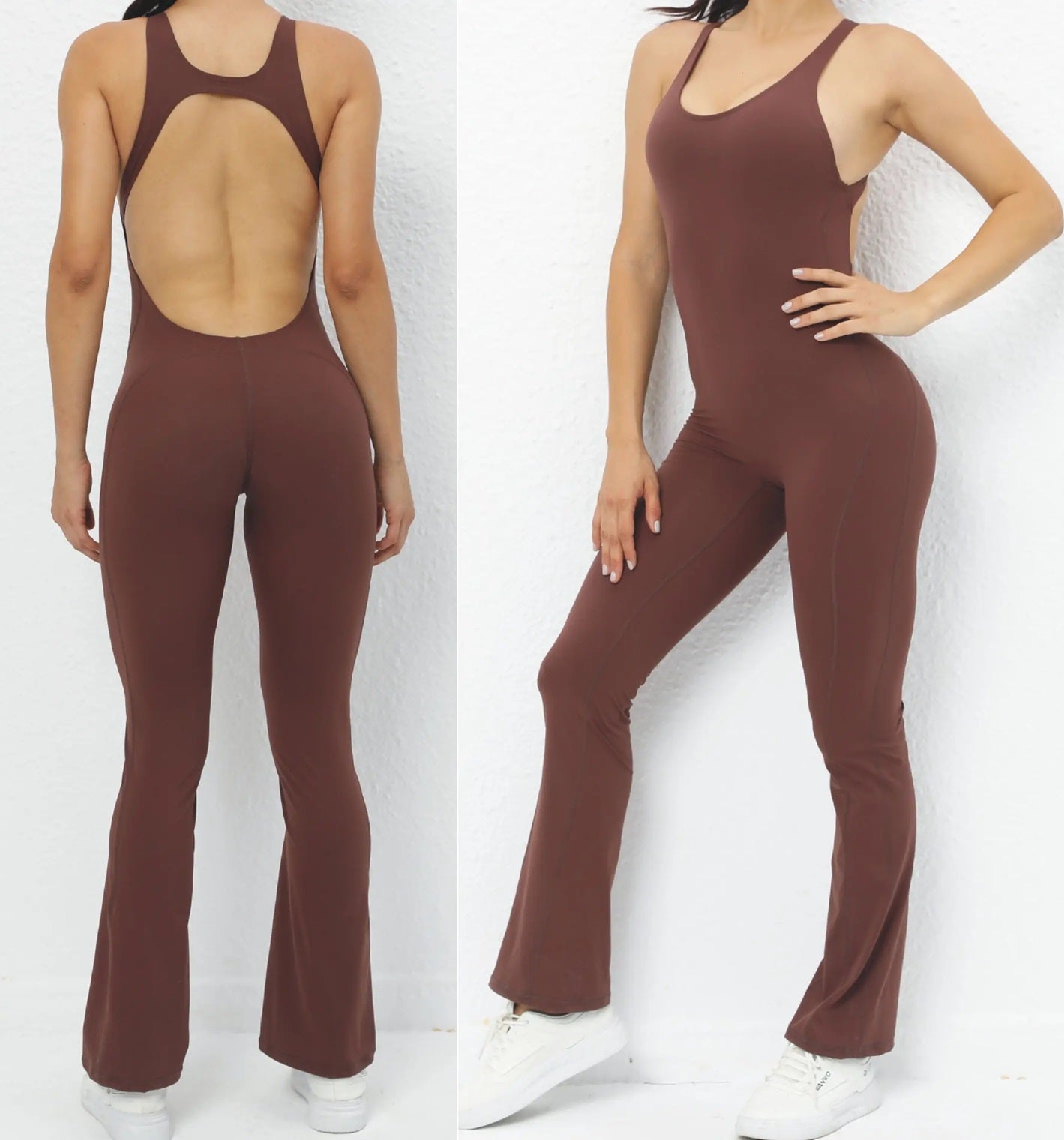 Curvear®️Lift the Buttocks Bodysuit Flare Pant Open Back Beauty Dress U Neck Built in Bra Sleeveless Gym Training Set Sport Yoga Jumpsuit