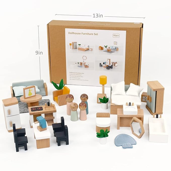 Wooden Dollhouse Furniture Miniature Toy Furniture with Family Dolls for Kids, Pretend Play Room Décor for Bedroom, Kitchen, Bathroom & Living Room