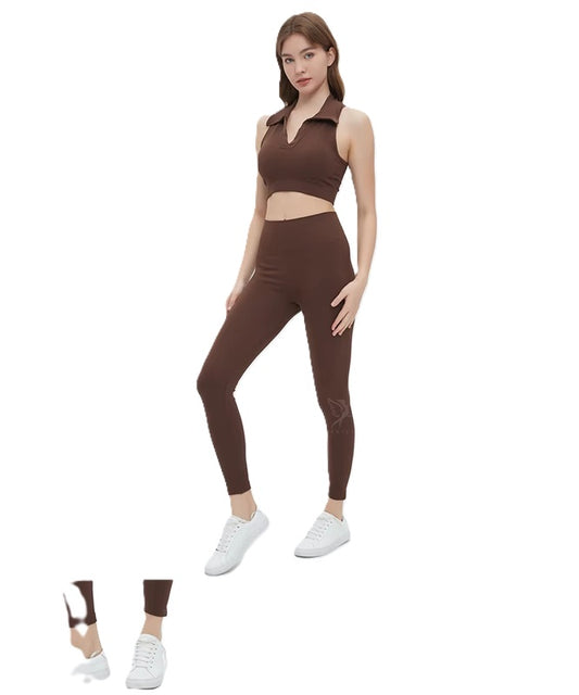 Brown Workout Set for Women – Sleeveless Zipper Crop Top with High Waist Leggings | Seamless Activewear for Gym, Yoga & Running