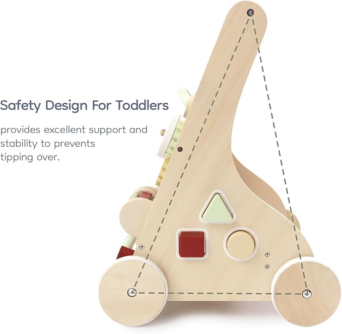 Wooden Baby Walker with Activity Center – Montessori Push Toy for Toddlers with Shape Sorter, Gears, Mirror & Bead Maze – Early Learning Toy for 12+ Months