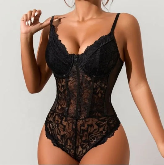 Women's Black Lace Bodysuit Lingerie – Sheer Floral Teddy with Underwire Support, Adjustable Straps – Sexy One-Piece for Bedroom & Special Occasions