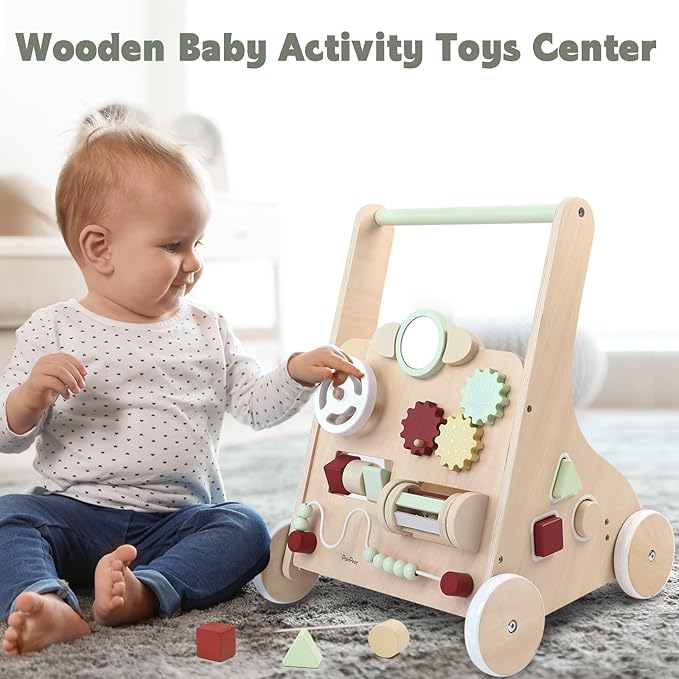 Wooden Baby Walker with Activity Center – Montessori Push Toy for Toddlers with Shape Sorter, Gears, Mirror & Bead Maze – Early Learning Toy for 12+ Months