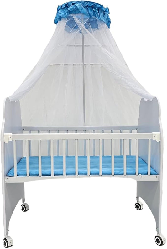 Premium Baby Cradle with Mosquito Net & Wheels – Safe and Comfortable Wooden Cot for Newborns & Infants – Soft Mattress & Canopy – Ideal for Boys & Girls