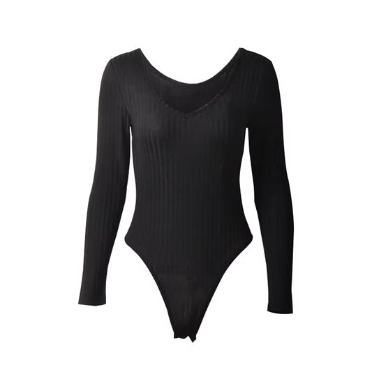 Women's Red Ribbed Long Sleeve Bodysuit – Sexy Stretch Knit V-Neck One-Piece, Slim Fit, Soft & Comfortable Fabric – Ideal for Club, Casual, Party, or Layering Outfits