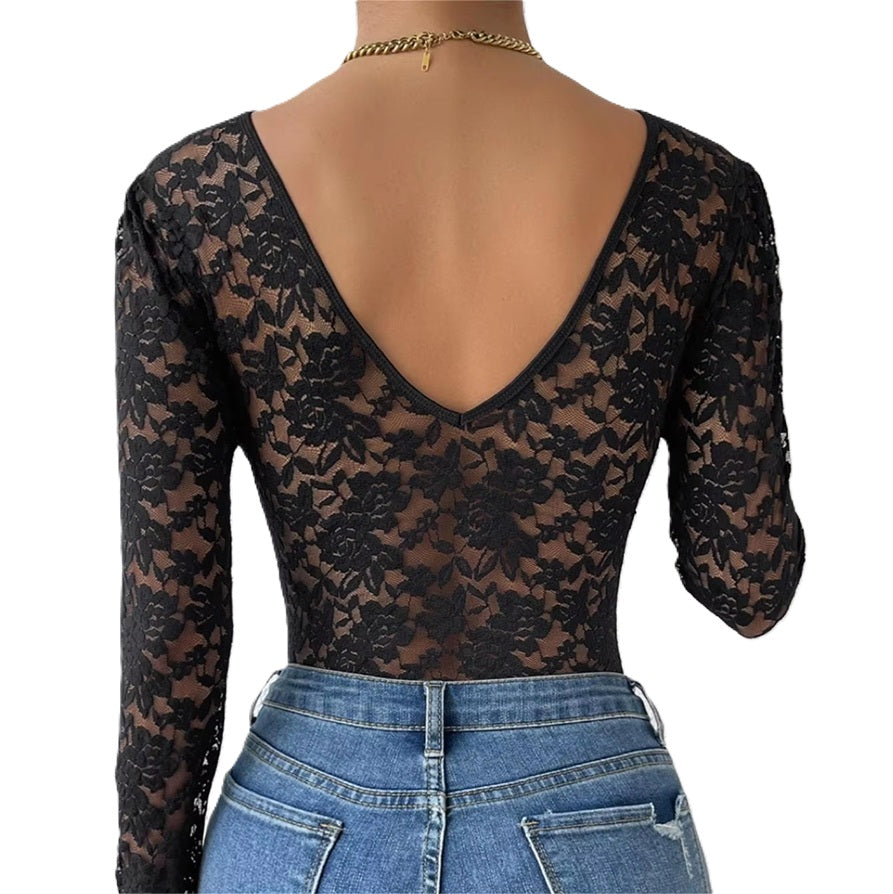 Sexy Women's Lace Long Sleeve Bodysuit – V-Neck Sheer Floral One-Piece Lingerie, Stretchy Slim Fit for Party, Date Night, or Layered Fashion Outfits