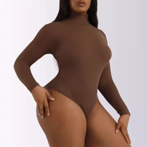Curvear®️Women Full Sculpting Thong Tummy Control Shapewear Seamless Turtleneck One Piece Long Sleeve Bodysuit