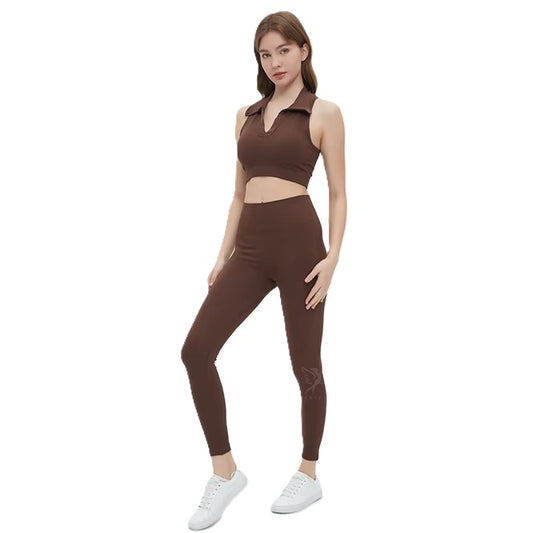 Brown Workout Set for Women – Sleeveless Zipper Crop Top with High Waist Leggings | Seamless Activewear for Gym, Yoga & Running