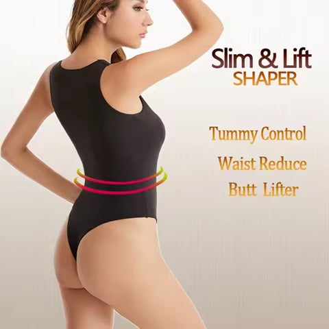 Curvear®️Women's Tummy Control Shapewear Bodysuit High Neck Seamless Body Shaper Sleeveless Racerback T-Back Thong Shaper Snap Open Crotch