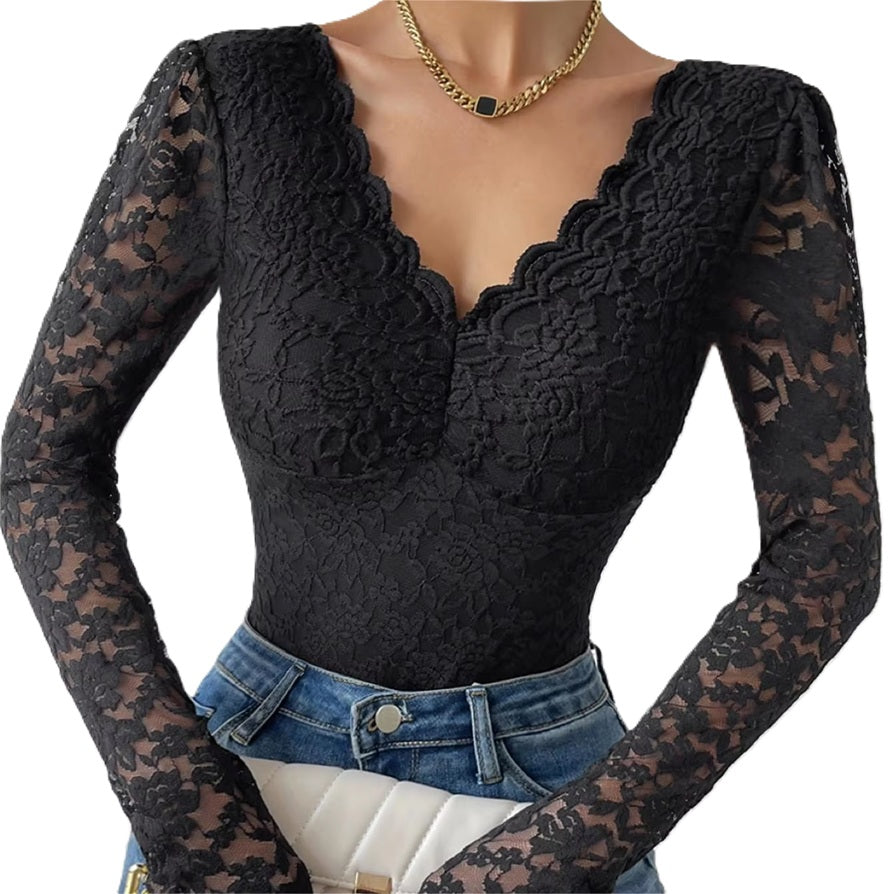 Sexy Women's Lace Long Sleeve Bodysuit – V-Neck Sheer Floral One-Piece Lingerie, Stretchy Slim Fit for Party, Date Night, or Layered Fashion Outfits