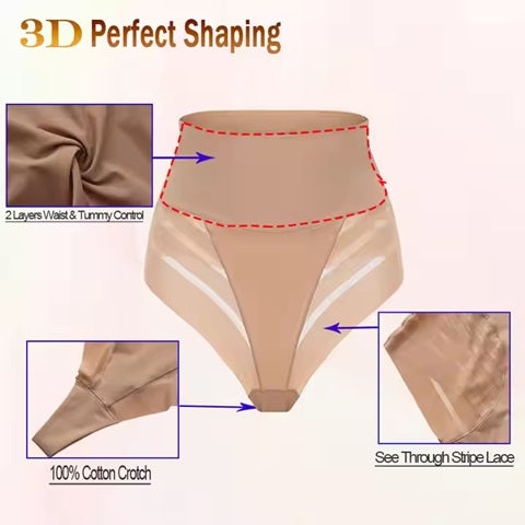 Curvear®️Women High Waist Thong Shaper Tummy Control Slimming Shapewear Butt Lifter Thong Stripe Lace T-Back Seamless Panties