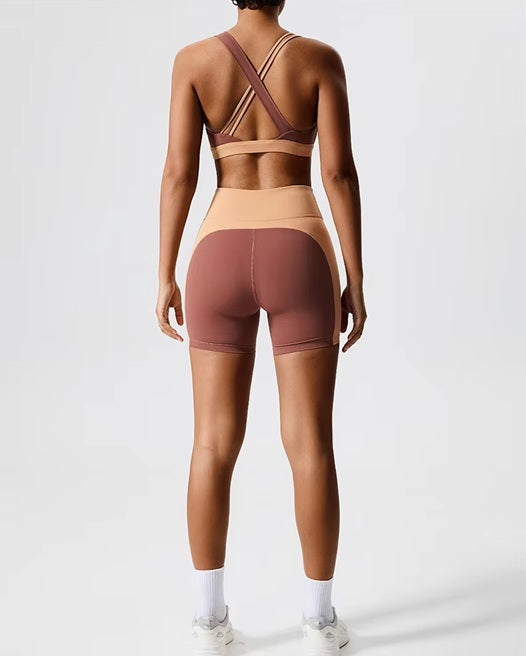 Women's Colorblock Sports Bra & High-Waist Biker Shorts Set – Crossback Activewear for Gym, Yoga, Running & Fitness