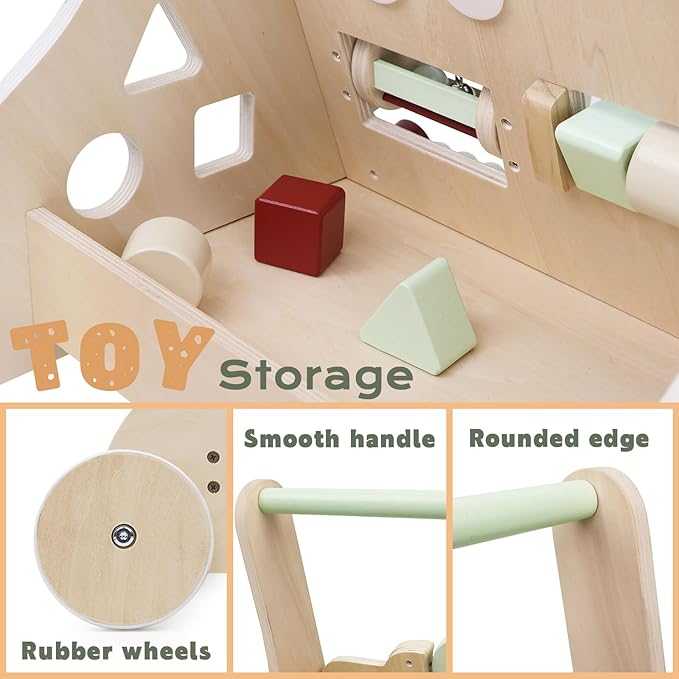 Wooden Baby Walker with Activity Center – Montessori Push Toy for Toddlers with Shape Sorter, Gears, Mirror & Bead Maze – Early Learning Toy for 12+ Months