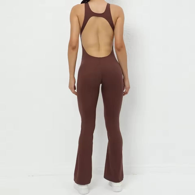 Curvear®️Lift the Buttocks Bodysuit Flare Pant Open Back Beauty Dress U Neck Built in Bra Sleeveless Gym Training Set Sport Yoga Jumpsuit