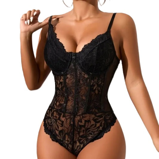 Women's Black Lace Bodysuit Lingerie – Sheer Floral Teddy with Underwire Support, Adjustable Straps – Sexy One-Piece for Bedroom & Special Occasions
