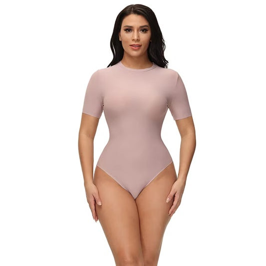 Curvear®️Thong Shapewear Bodysuit Women's Round Neck Short Sleeve T Shirts Basic Bodysuits Tummy Control Seamless Shapewear