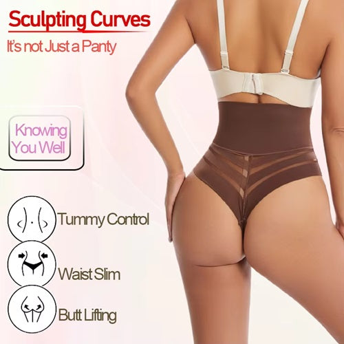 Curvear®️Women High Waist Thong Shaper Tummy Control Slimming Shapewear Butt Lifter Thong Stripe Lace T-Back Seamless Panties